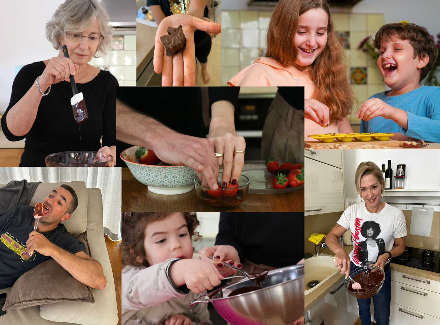 friends and families making chocolate together at their home kitchens